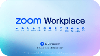 Zoom Workplace promotional banner with blue logo on a soft pink-to-blue gradient background, featuring AI Companion icons.