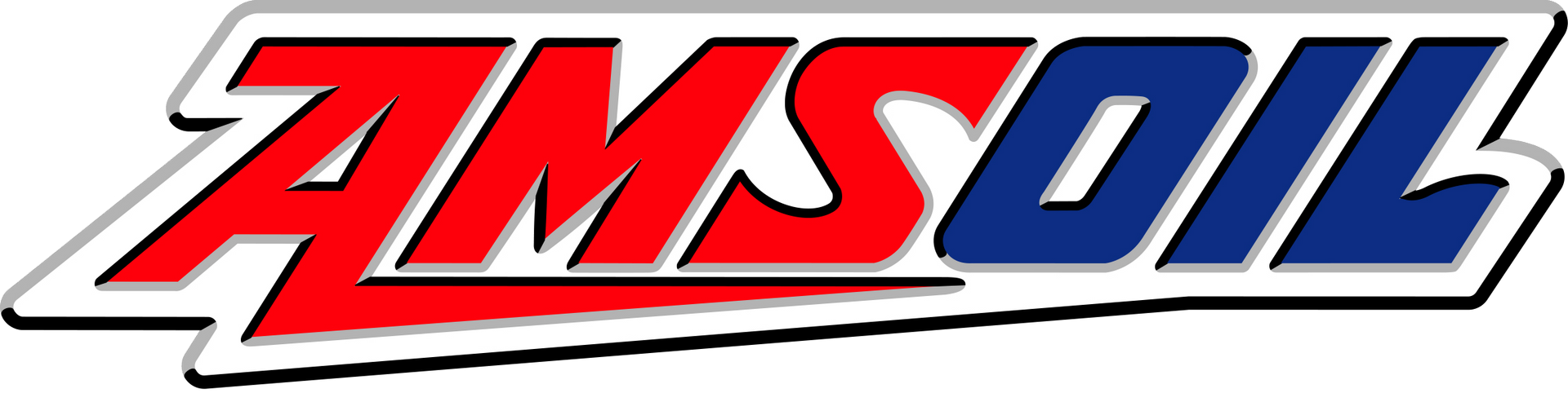 AMSOIL logo with red and blue lettering outlined in white on a slanted background.