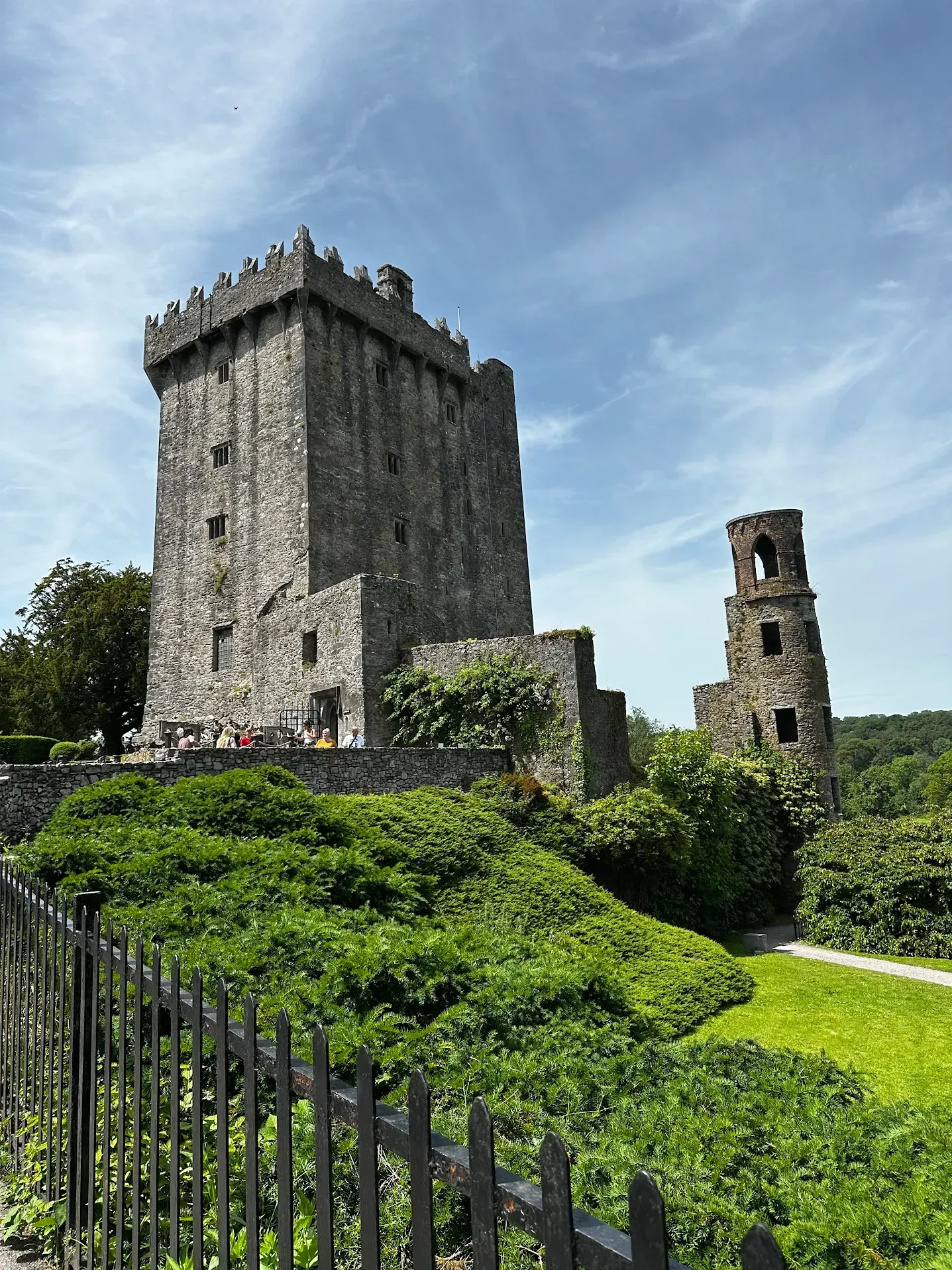 Stone castle tower and ruins behind green hedges under a blue sky