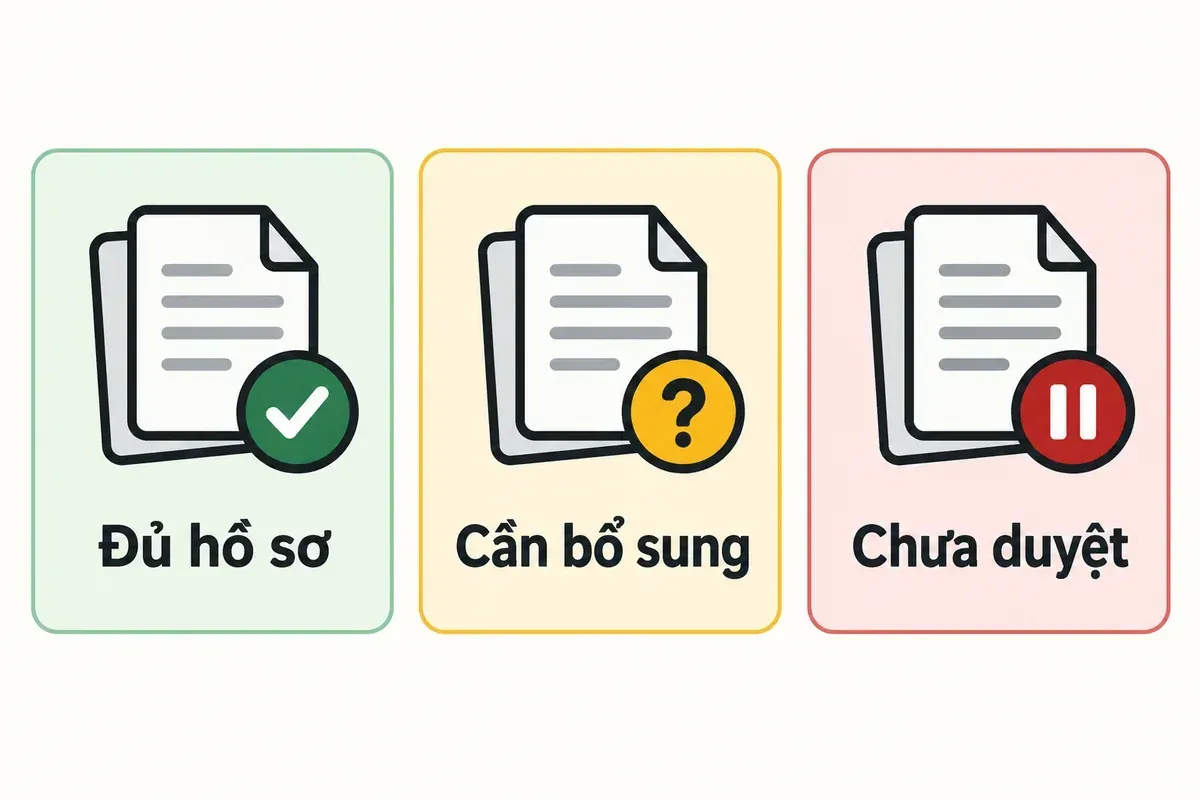 Ba trạng thái hồ sơ trước thanh toán: đủ hồ sơ, cần bổ sung và chưa duyệt. Ba trạng thái hồ sơ trước thanh toán: đủ hồ sơ, cần bổ sung và chưa duyệt.