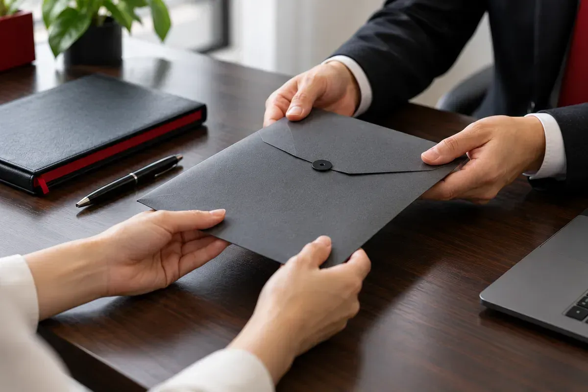 Minh họa việc bàn giao phong bì hồ sơ đóng kín giữa chuyên viên tư vấn và khách hàng. Minh họa việc bàn giao phong bì hồ sơ đóng kín giữa chuyên viên tư vấn và khách hàng.