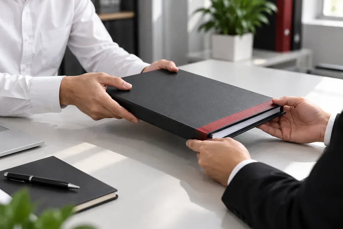Hồ sơ báo cáo thám tử được bàn giao kín đáo tại bàn làm việc, không để lộ thông tin khách hàng.