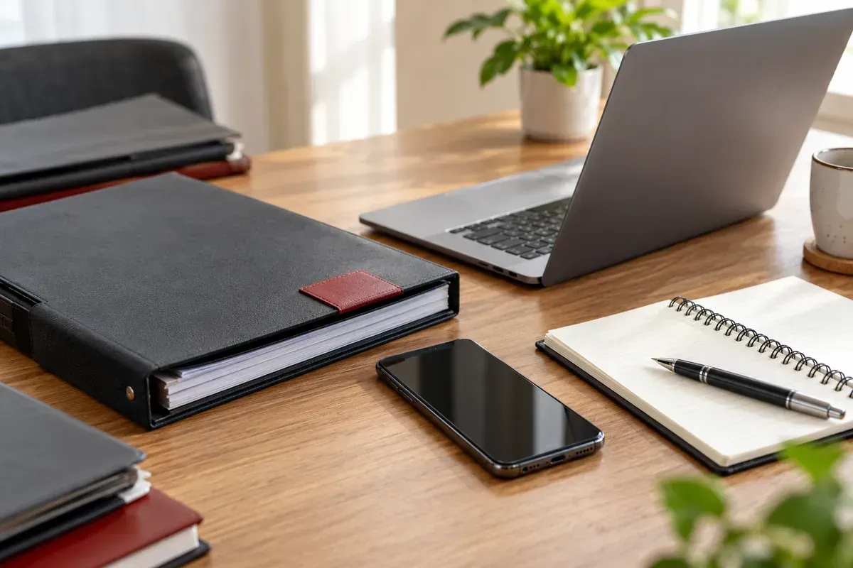 Điện thoại, laptop và hồ sơ được sắp xếp trên bàn để minh họa việc bảo quản tài liệu điện tử trong tranh chấp hôn nhân.