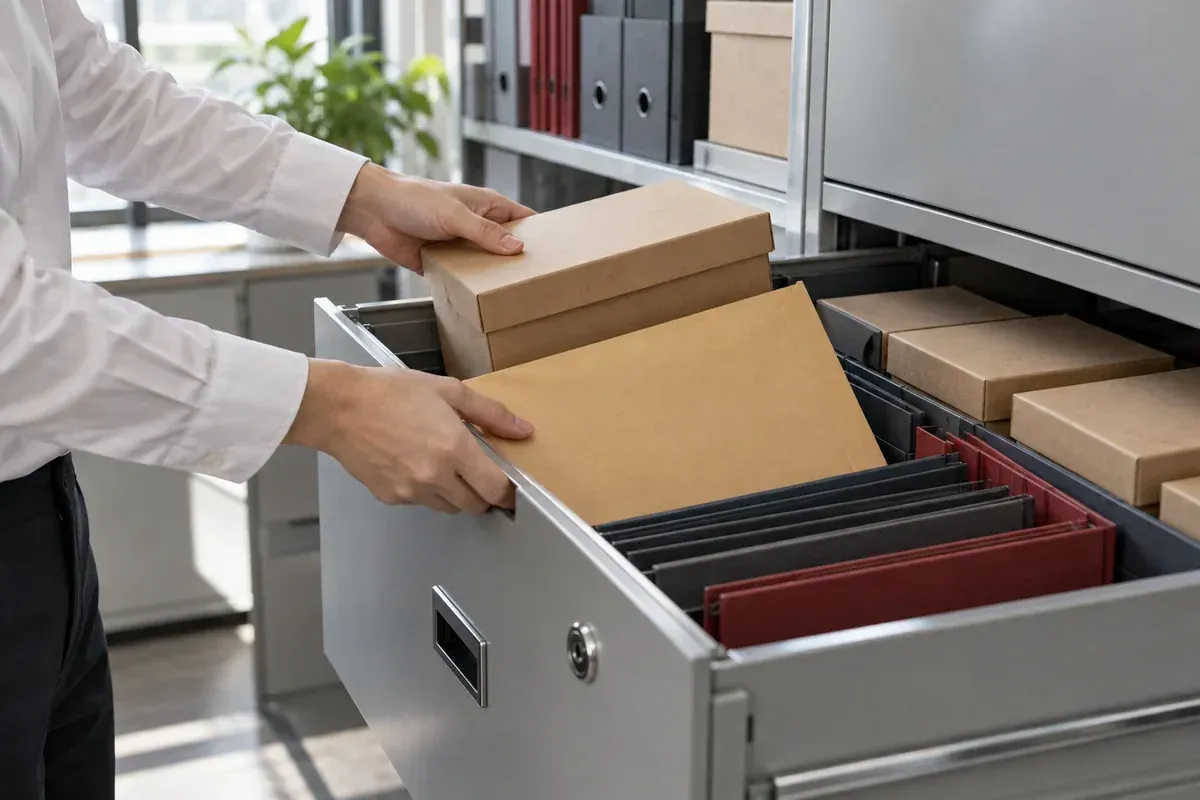 Mẫu sản phẩm và tài liệu gốc được bảo quản trong hộp lưu trữ hồ sơ kín đáo