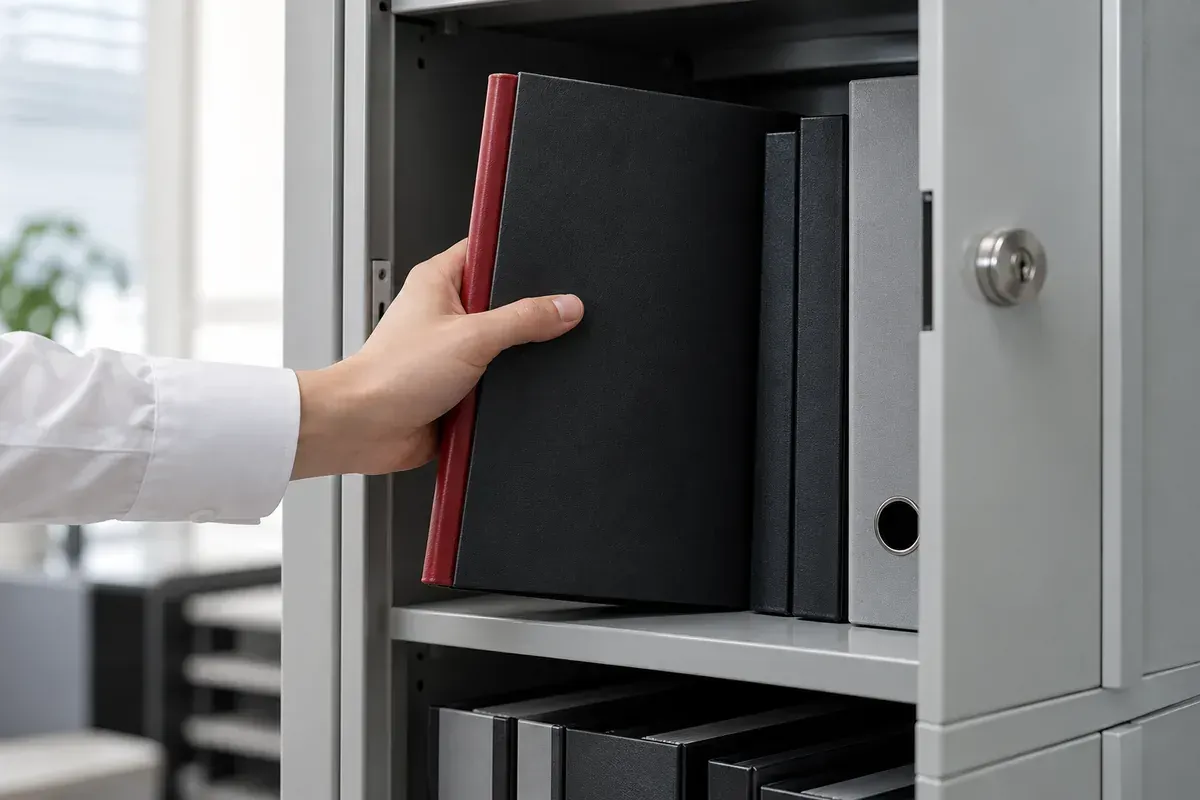 Tập hồ sơ đóng kín trong tủ tài liệu có khóa minh họa việc bảo vệ dữ liệu cá nhân. Tập hồ sơ đóng kín trong tủ tài liệu có khóa minh họa việc bảo vệ dữ liệu cá nhân.