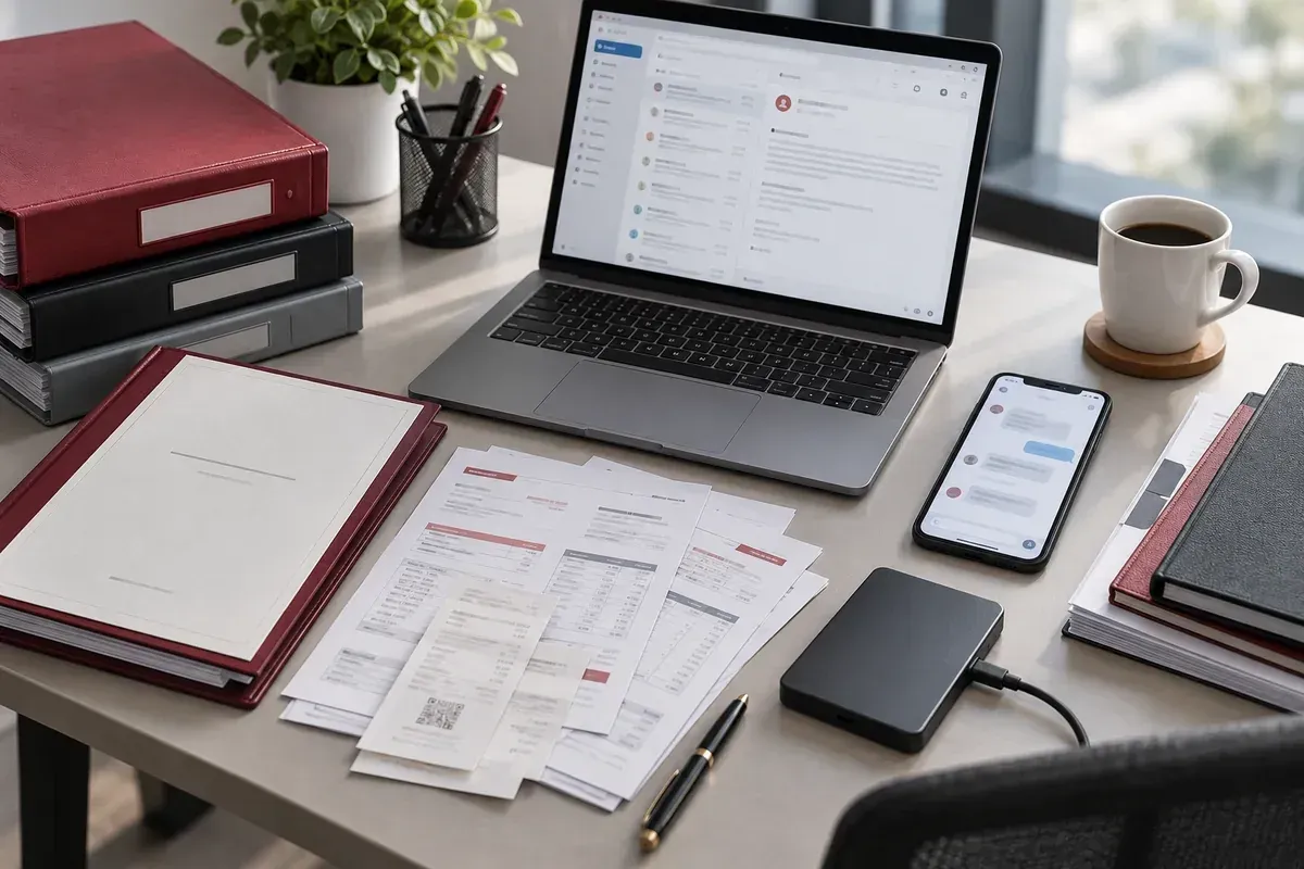 Các nguồn dữ liệu doanh nghiệp gồm hợp đồng, chứng từ, email, thiết bị lưu trữ và điện thoại được sắp xếp trên bàn. Các nguồn dữ liệu doanh nghiệp gồm hợp đồng, chứng từ, email, thiết bị lưu trữ và điện thoại được sắp xếp trên bàn.