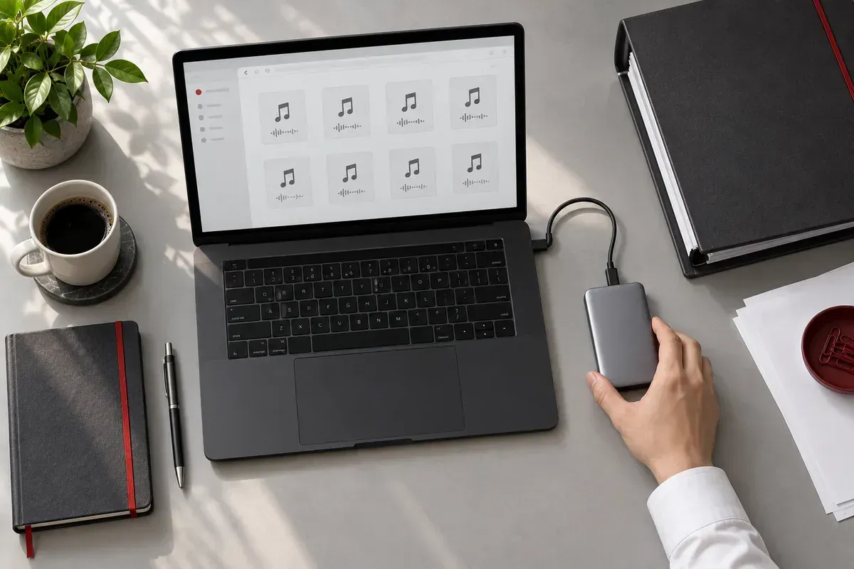 Ổ lưu trữ ngoài kết nối với máy tính và tập hồ sơ trên bàn, minh họa cách bảo quản file ghi âm gốc. Ổ lưu trữ ngoài kết nối với máy tính và tập hồ sơ trên bàn, minh họa cách bảo quản file ghi âm gốc.