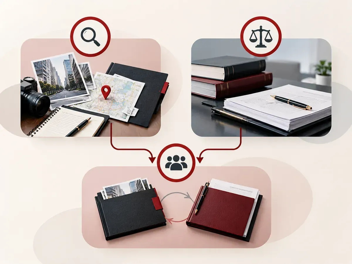 Sơ đồ ba hướng lựa chọn gồm xác minh dữ kiện, tư vấn pháp lý và phối hợp thám tử với luật sư. Sơ đồ ba hướng lựa chọn gồm xác minh dữ kiện, tư vấn pháp lý và phối hợp thám tử với luật sư.