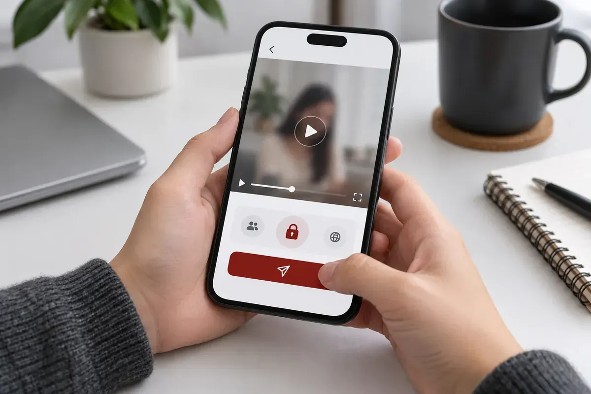 Điện thoại hiển thị giao diện chia sẻ video với hình ảnh một người đã được làm mờ