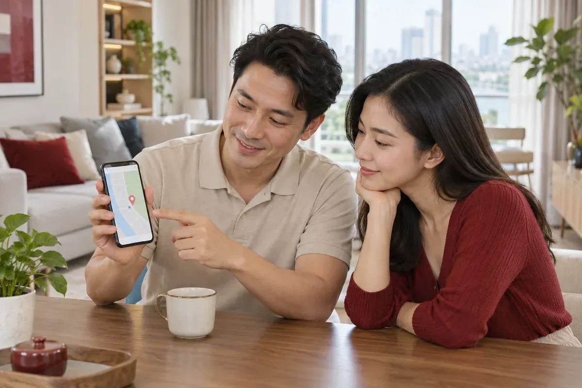 Hai người trưởng thành tự nguyện trao đổi thông tin vị trí trên điện thoại trong không gian gia đình. Hai người trưởng thành tự nguyện trao đổi thông tin vị trí trên điện thoại trong không gian gia đình.