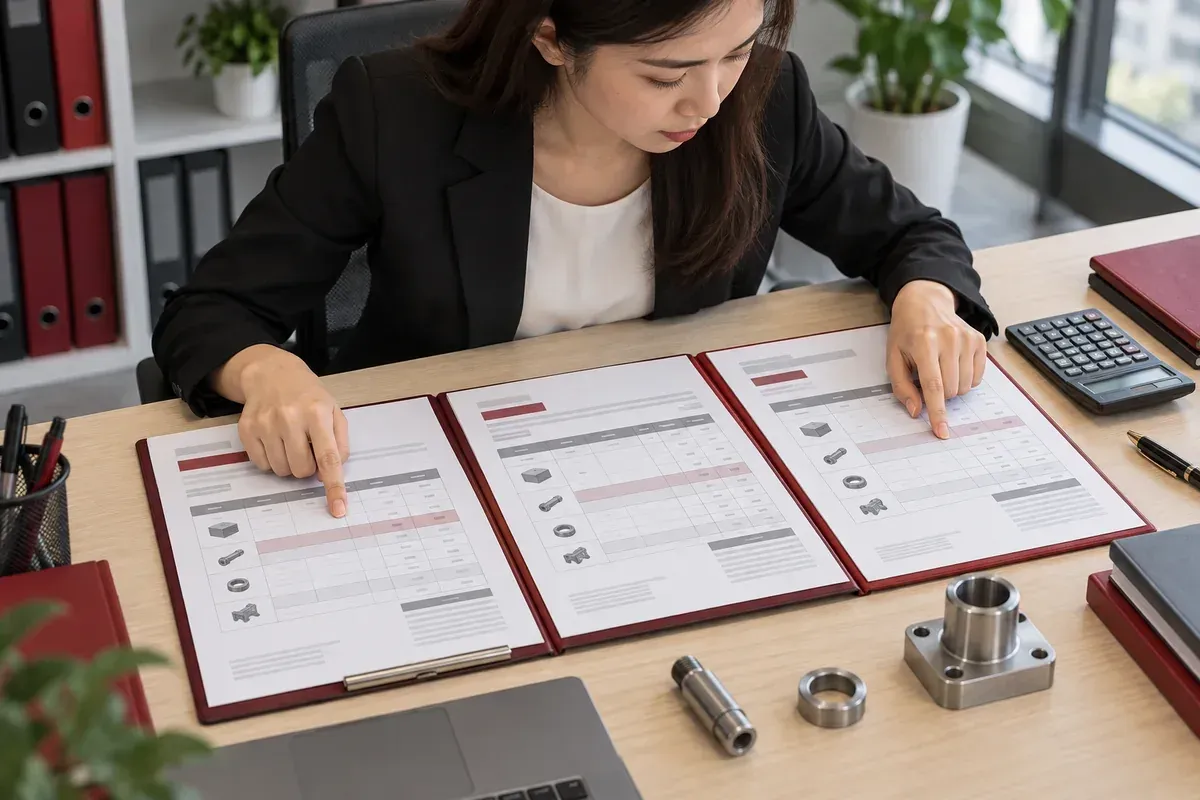 Chuyên viên thu mua đối chiếu các bộ hồ sơ báo giá và điều kiện cung ứng của nhiều nhà cung cấp.