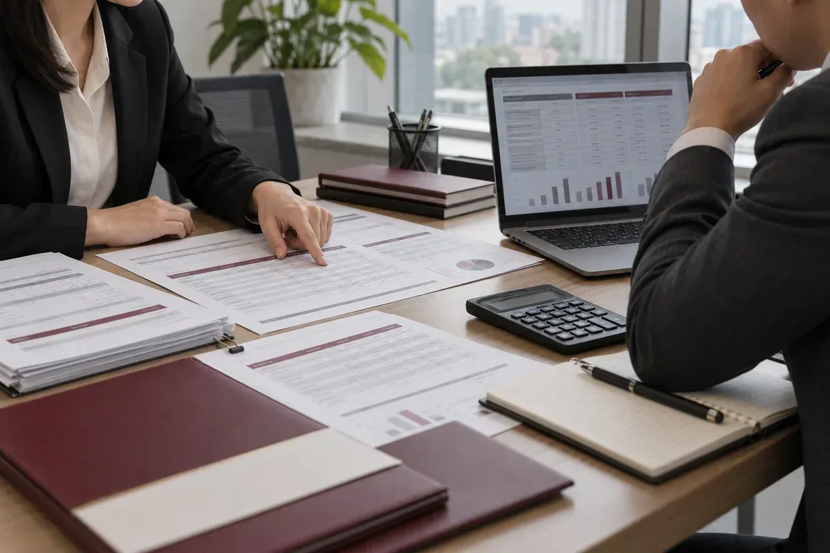 Nhân viên doanh nghiệp đối chiếu báo giá nhà cung cấp, hợp đồng và chứng từ thanh toán trên bàn làm việc. Nhân viên doanh nghiệp đối chiếu báo giá nhà cung cấp, hợp đồng và chứng từ thanh toán trên bàn làm việc.