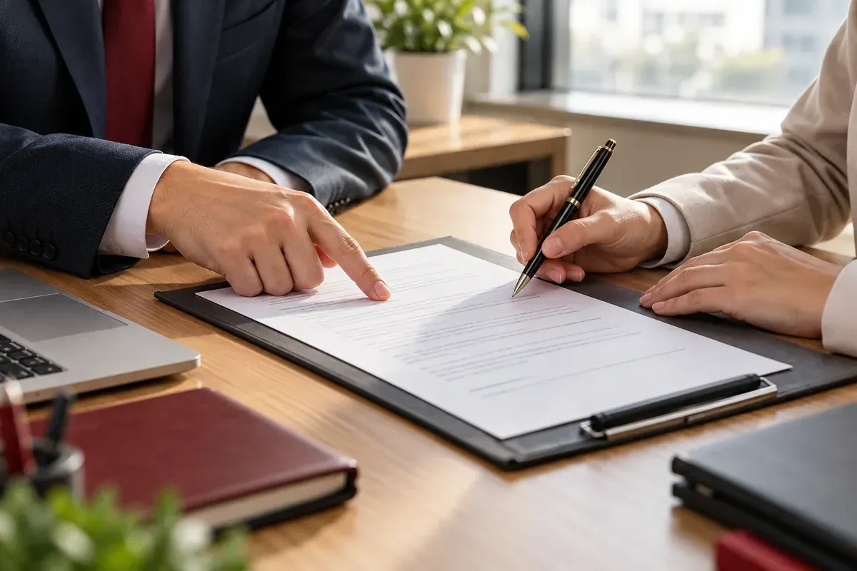Khách hàng và chuyên viên xem xét điều khoản hợp đồng thuê thám tử và bảo mật thông tin Khách hàng và chuyên viên xem xét điều khoản hợp đồng thuê thám tử và bảo mật thông tin