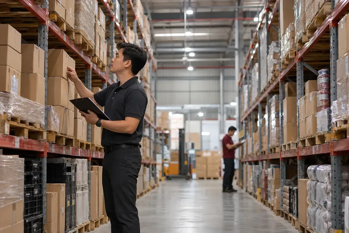 Nhân viên quản lý kho kiểm kê thùng hàng và đối chiếu số lượng tồn kho tại doanh nghiệp. Nhân viên quản lý kho kiểm kê thùng hàng và đối chiếu số lượng tồn kho tại doanh nghiệp.