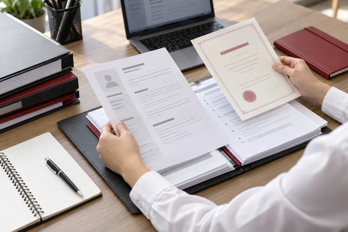 Chuyên viên nhân sự đối chiếu tài liệu học vấn, chứng chỉ và kinh nghiệm làm việc của ứng viên. Chuyên viên nhân sự đối chiếu tài liệu học vấn, chứng chỉ và kinh nghiệm làm việc của ứng viên.
