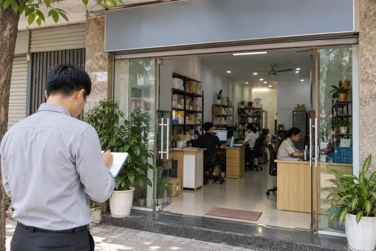 Người kiểm tra ghi nhận mặt tiền một cơ sở kinh doanh từ khu vực công cộng. Người kiểm tra ghi nhận mặt tiền một cơ sở kinh doanh từ khu vực công cộng.
