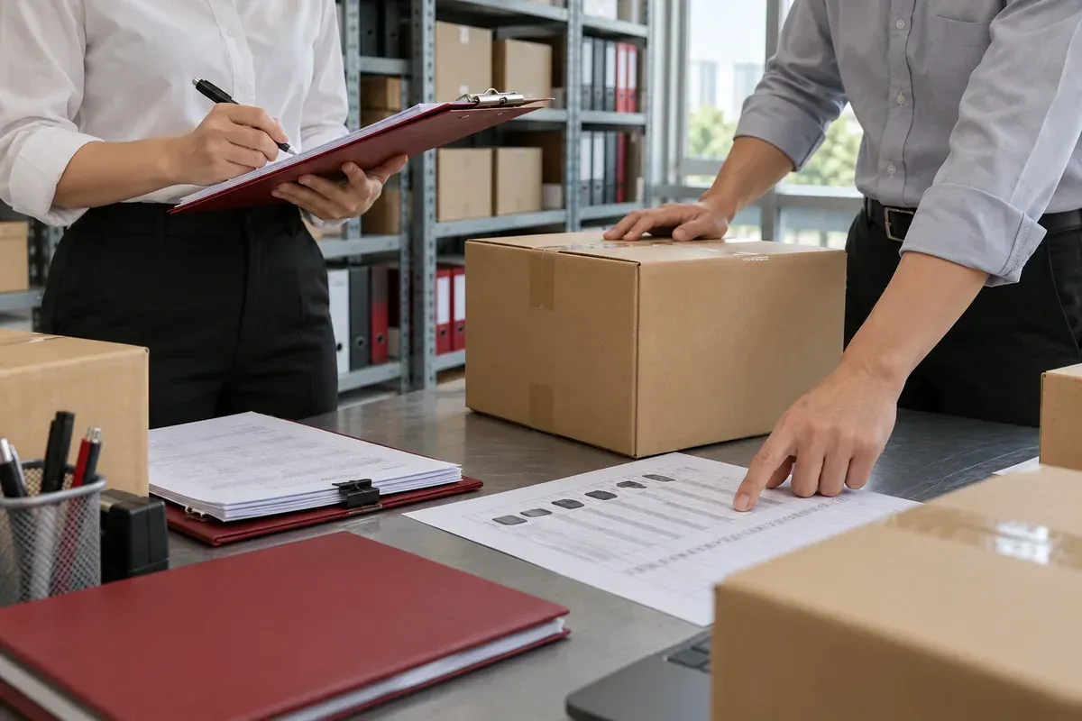 Nhân sự doanh nghiệp đối chiếu chứng từ nguồn cung và thùng hàng trong khu vực kiểm tra hàng hóa. Nhân sự doanh nghiệp đối chiếu chứng từ nguồn cung và thùng hàng trong khu vực kiểm tra hàng hóa.