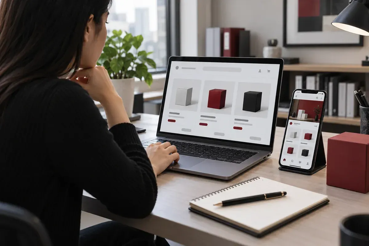 Người dùng đối chiếu thông tin sản phẩm và gian hàng thương mại điện tử trên laptop và điện thoại. Người dùng đối chiếu thông tin sản phẩm và gian hàng thương mại điện tử trên laptop và điện thoại.