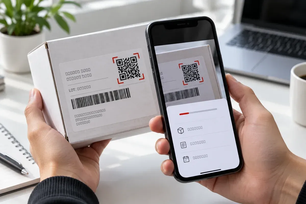 Điện thoại kiểm tra mã QR trên hộp sản phẩm bên cạnh mã vạch và thông tin số lô. Điện thoại kiểm tra mã QR trên hộp sản phẩm bên cạnh mã vạch và thông tin số lô.