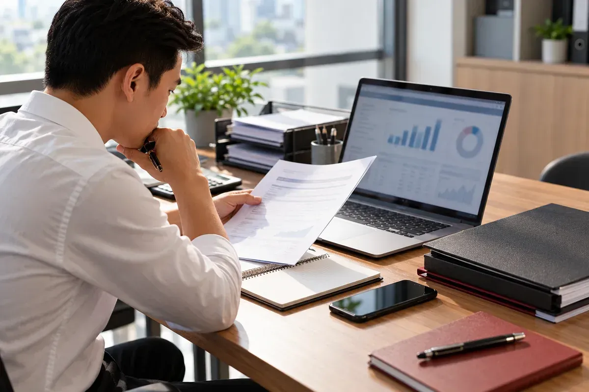 Người quản lý doanh nghiệp đối chiếu hồ sơ nhà cung cấp và thông tin công khai trước khi cân nhắc thuê thám tử