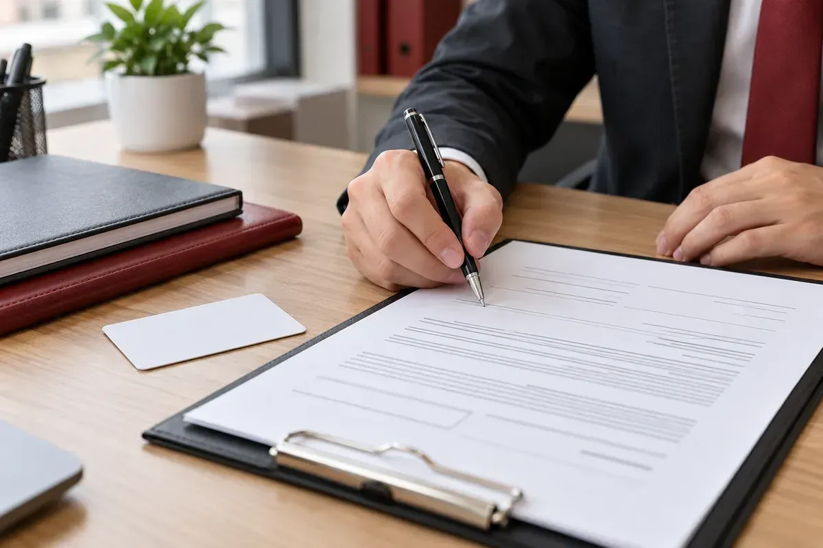 Minh họa bàn ký hợp đồng dịch vụ thám tử với giấy tờ định danh giả lập và tài liệu thỏa thuận