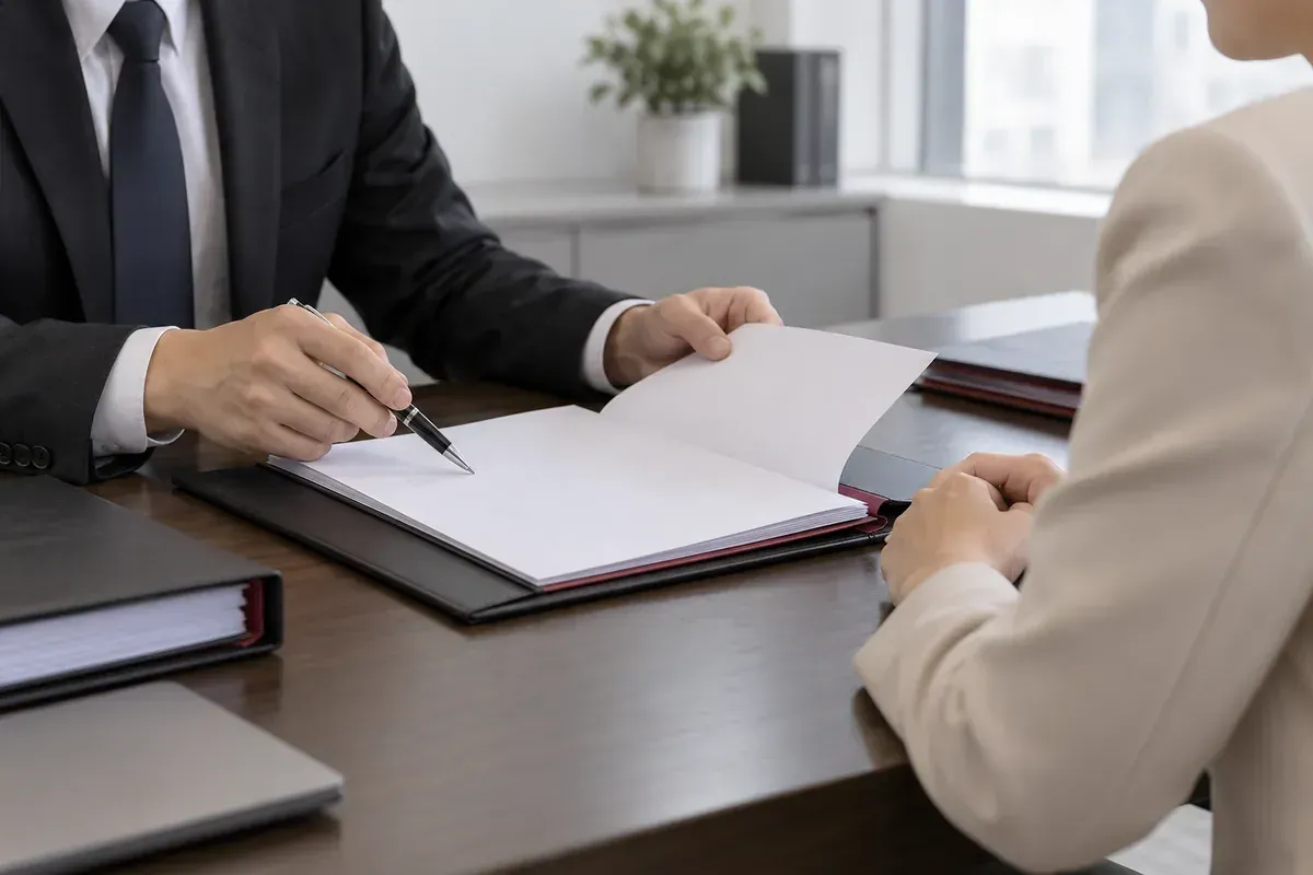 Buổi tư vấn pháp lý với hợp đồng và hồ sơ tranh chấp được đặt trên bàn làm việc. Buổi tư vấn pháp lý với hợp đồng và hồ sơ tranh chấp được đặt trên bàn làm việc.