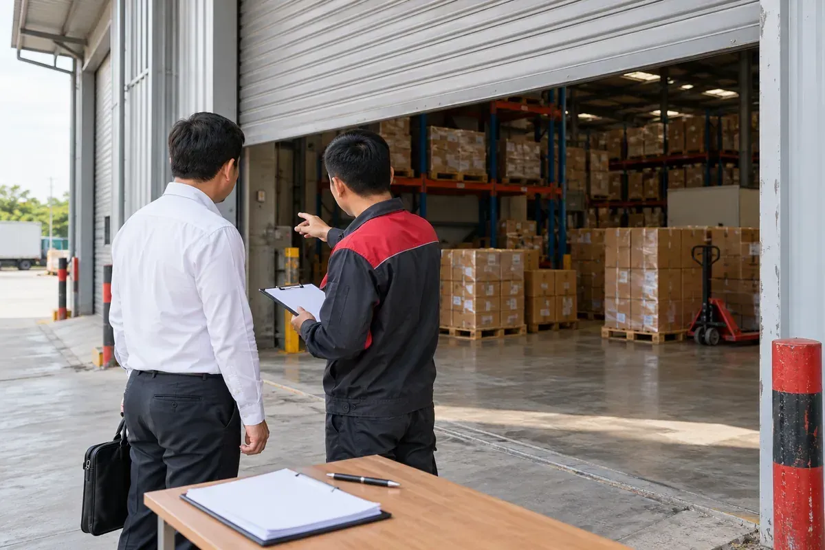 Khu vực kho hàng doanh nghiệp minh họa tình huống cần xác minh trước khi đặt cọc nhập hàng. Khu vực kho hàng doanh nghiệp minh họa tình huống cần xác minh trước khi đặt cọc nhập hàng.