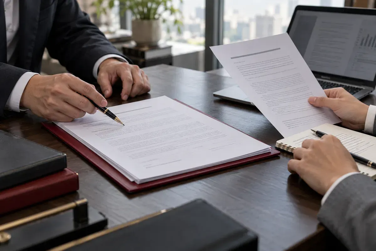 Hai người đang rà soát hợp đồng thương mại và các điều khoản trước khi ký kết.