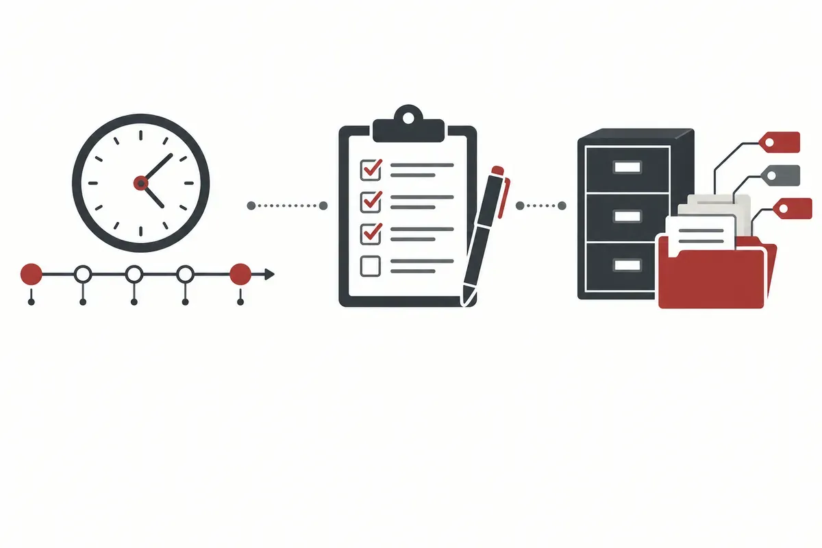Sơ đồ phân biệt timeline sự kiện, nhật ký điều tra và danh mục chứng cứ trong kiểm tra gian lận nội bộ.