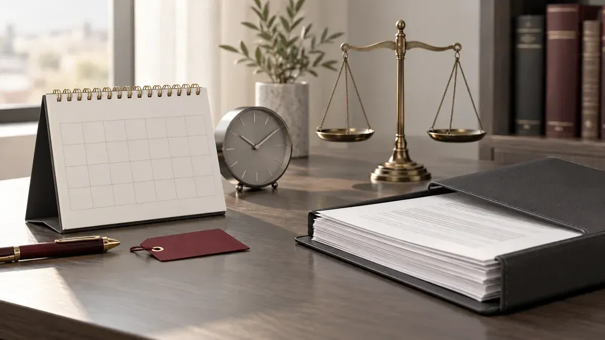 Lịch và biểu tượng cán cân công lý minh họa vấn đề thời hiệu khởi kiện tranh chấp công nợ.