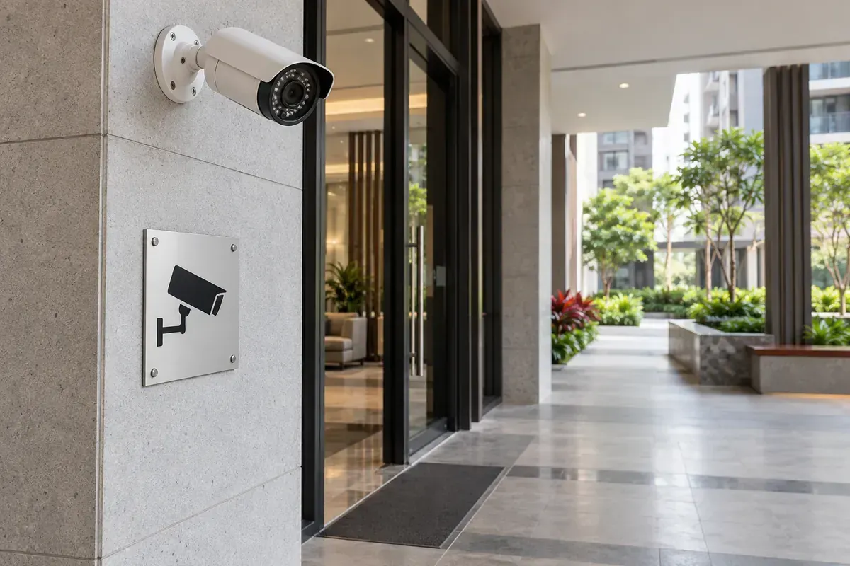 Biển biểu tượng camera tại lối vào khu vực có hoạt động ghi hình