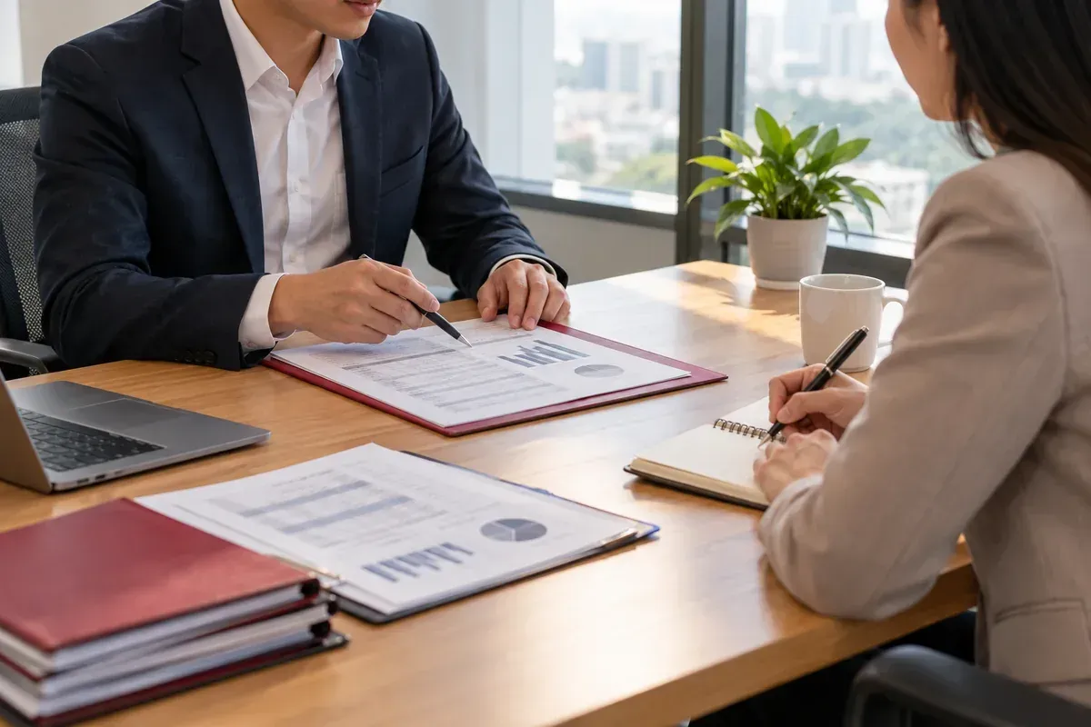Hai bên trao đổi lịch thanh toán và đối chiếu hồ sơ công nợ trong buổi thương lượng.