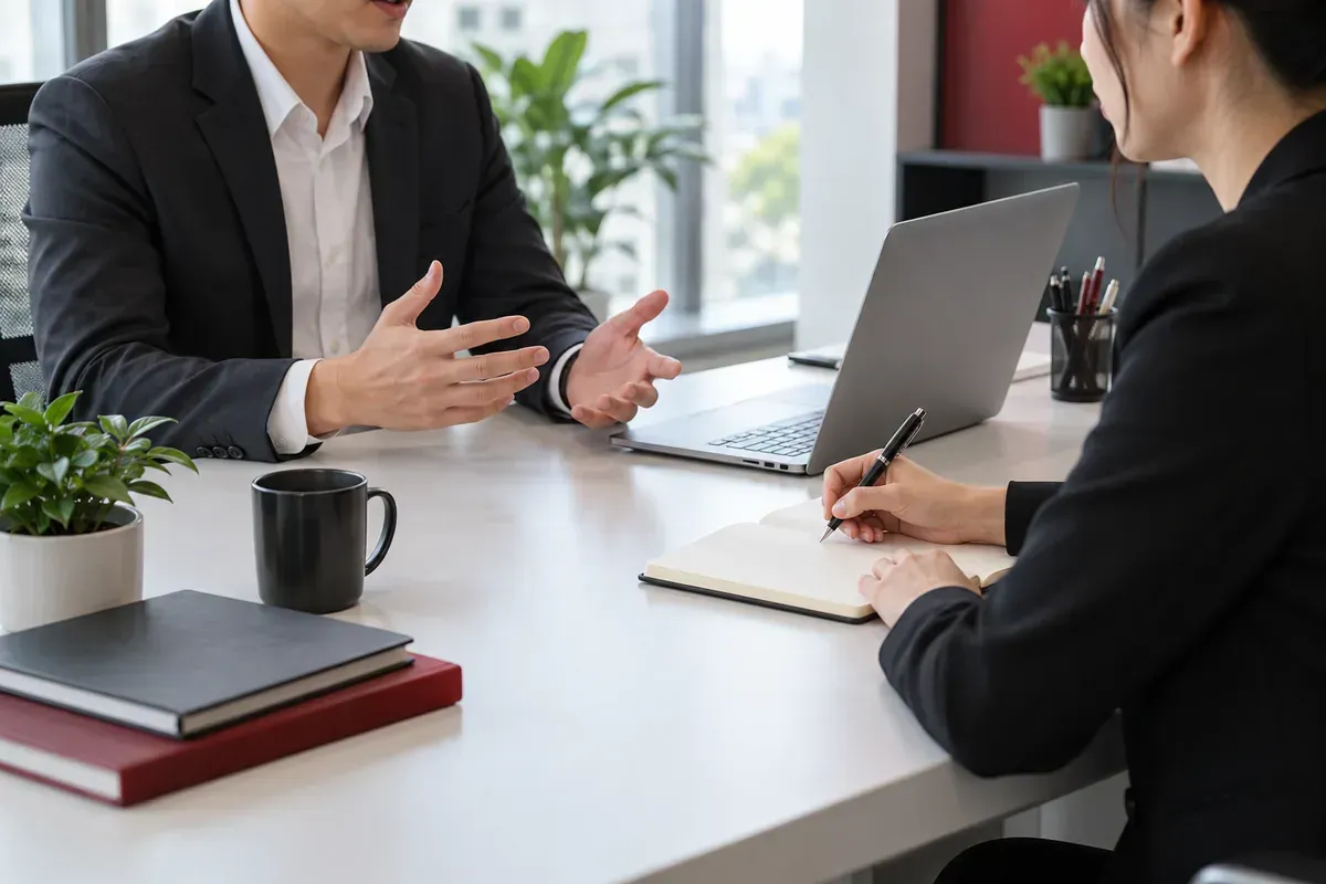 Hai người trao đổi thông tin sơ bộ tại bàn tư vấn trước khi xác lập hợp đồng thuê thám tử