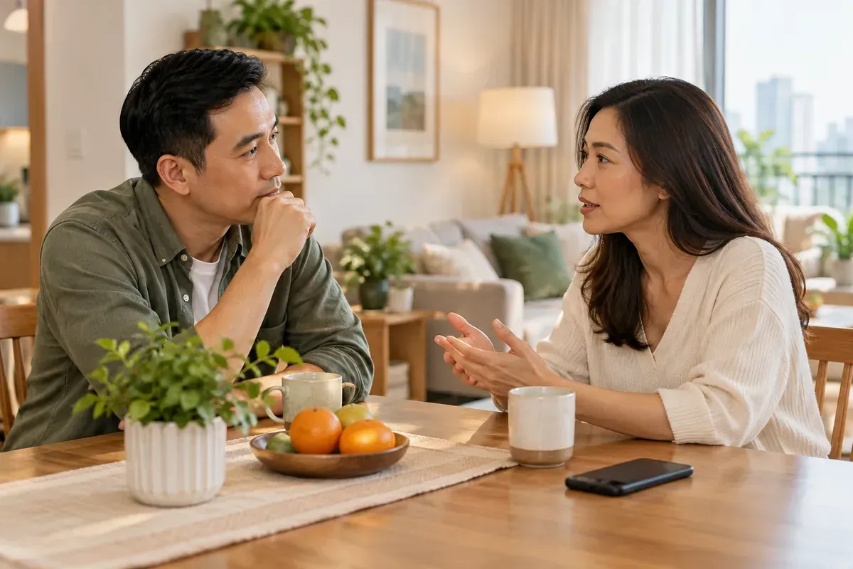 Hai vợ chồng trưởng thành trò chuyện bình tĩnh tại nhà về sự tin tưởng và quyền riêng tư trong hôn nhân.