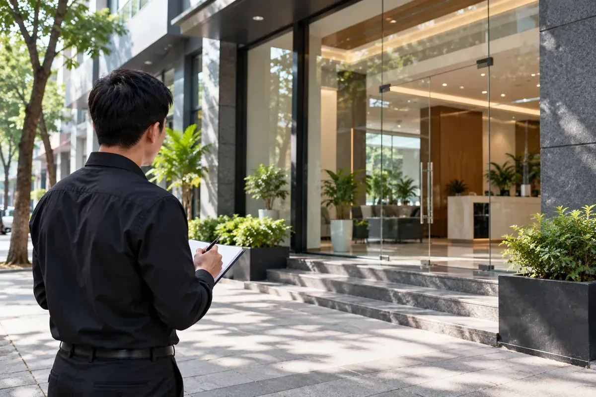 Nhân sự khảo sát đứng tại khu vực công cộng để kiểm tra tình trạng hoạt động của một cơ sở kinh doanh. Nhân sự khảo sát đứng tại khu vực công cộng để kiểm tra tình trạng hoạt động của một cơ sở kinh doanh.
