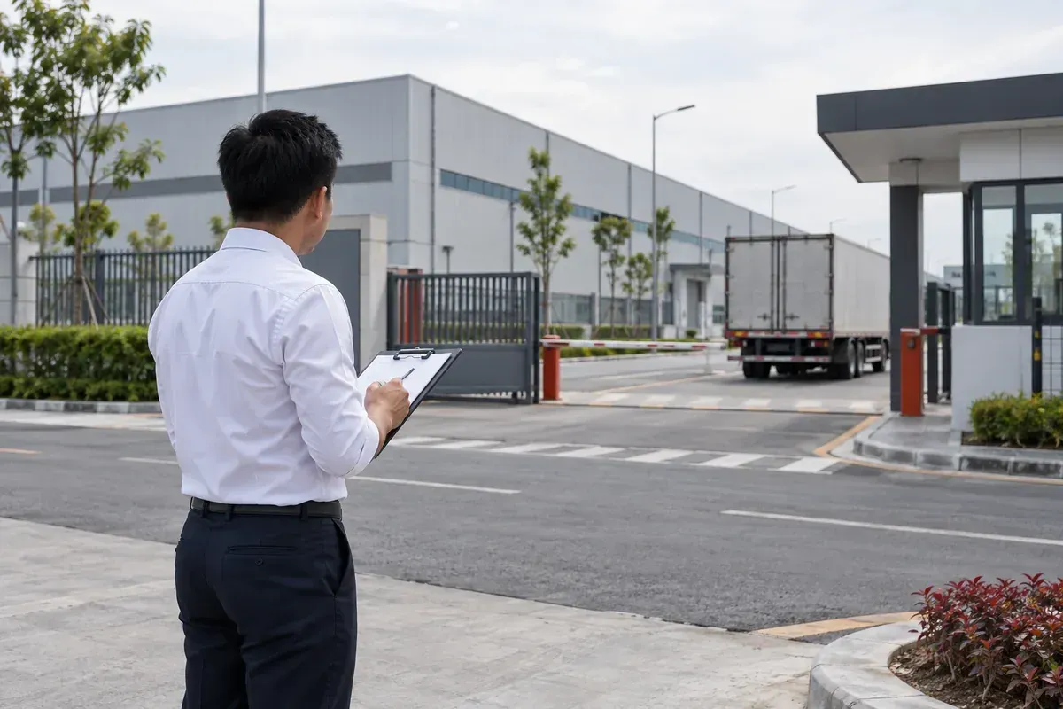Chuyên viên kiểm tra thông tin tại khu vực bên ngoài nhà xưởng để đối chiếu hồ sơ với tình trạng hoạt động thực tế.