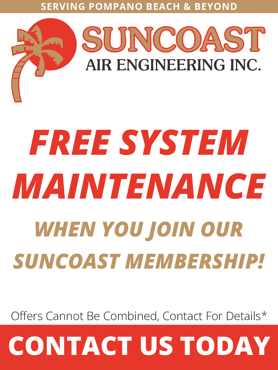 Promotional flyer for Suncoast Air Engineering offering free system maintenance with a membership.