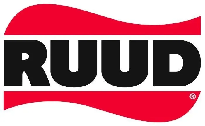 The Ruud logo featuring bold, black, sans-serif text on a white background between two horizontal, wavy red bands.