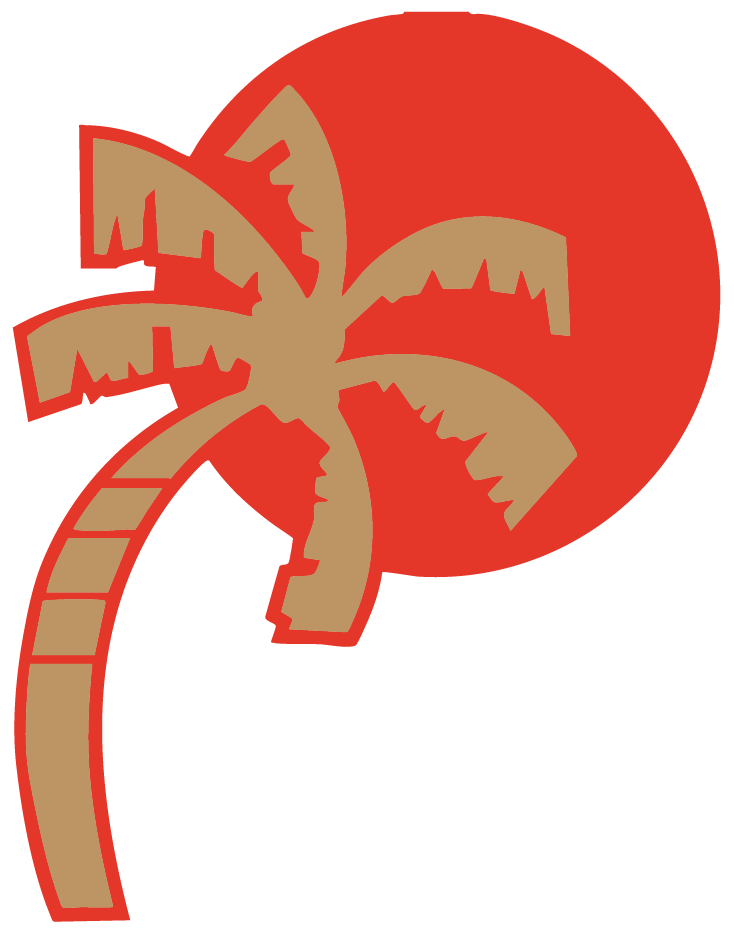 A tan palm tree silhouette overlapping a large, solid red circle on a white background.