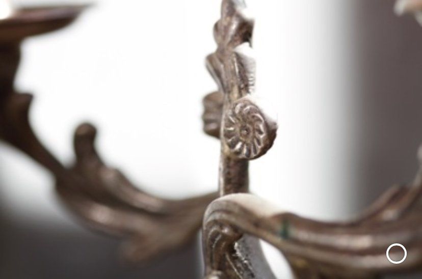 Close-up of an ornate silver metal scrollwork detail with a small rosette ornament against a blurred background