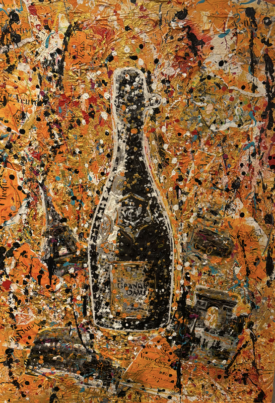 Abstract mosaic of a champagne bottle and two glasses in warm orange, black, and white tones