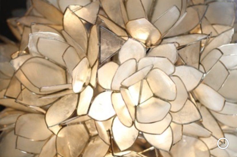 Close-up of layered white seashells or petal-shaped pieces with warm beige lighting
