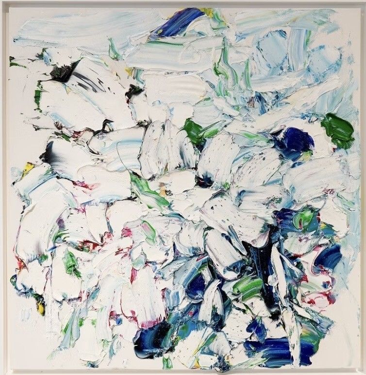 Abstract white, blue, and green brushstrokes on a textured canvas.