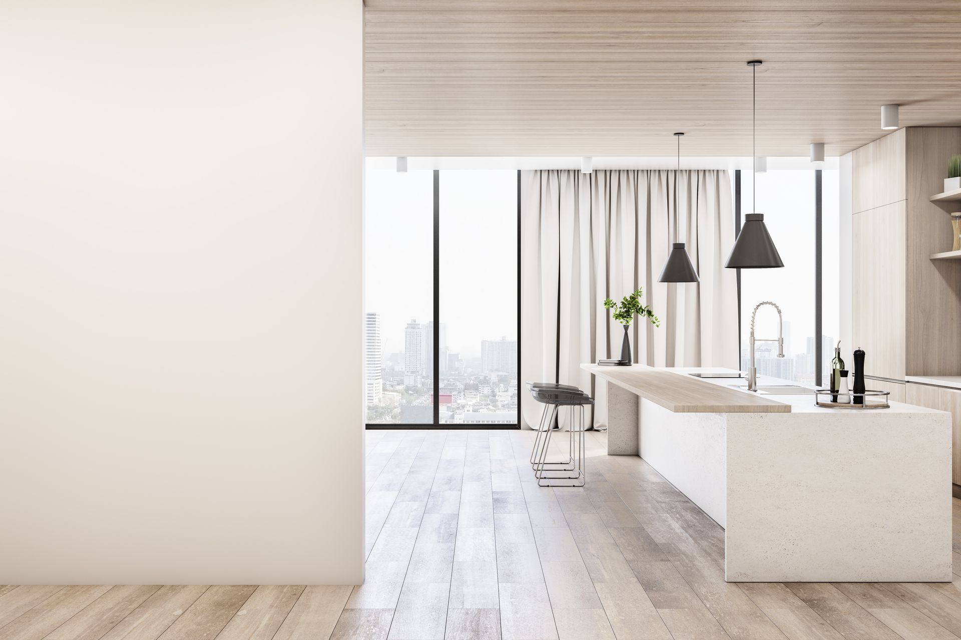 Bright minimalist kitchen with white island, pendant lights, large windows, and light wood floors
