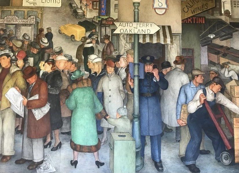 Busy indoor market scene with people in coats browsing and walking under hanging signs.