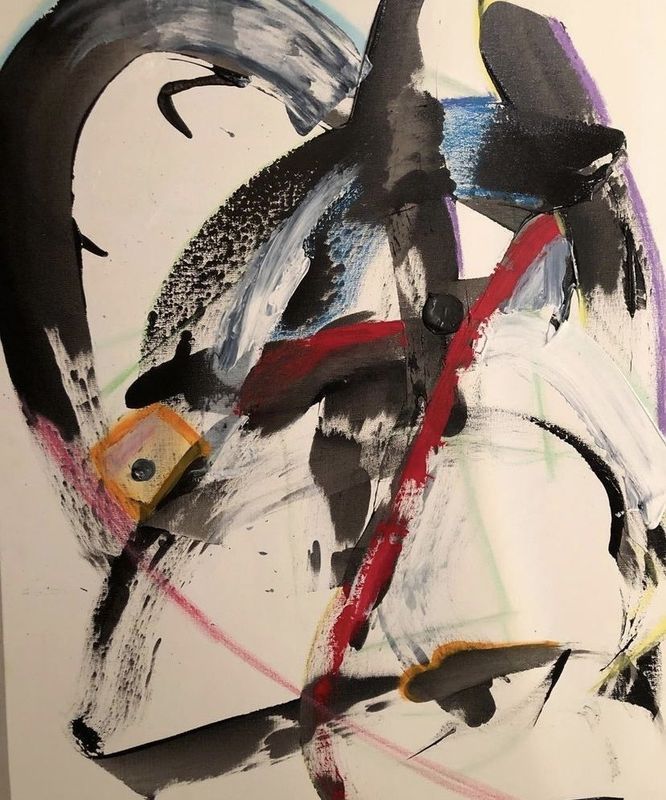Abstract painting with bold black, red, white, and orange brushstrokes on a light background