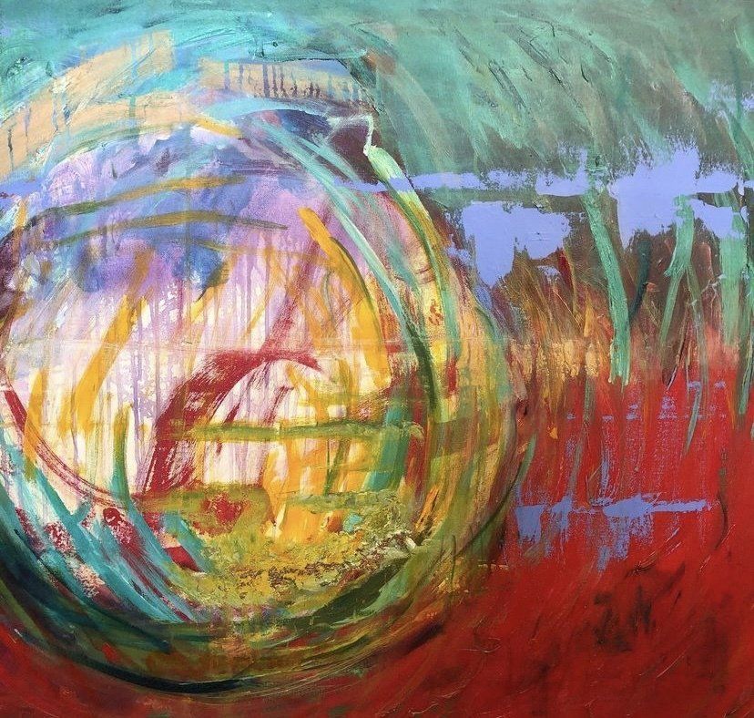 Abstract colorful painting with swirling green, blue, red, and yellow brushstrokes