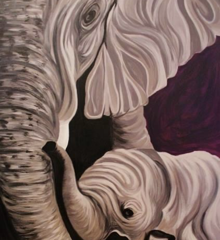 White elephant calf beside a larger elephant, painted in soft swirls against a dark purple background