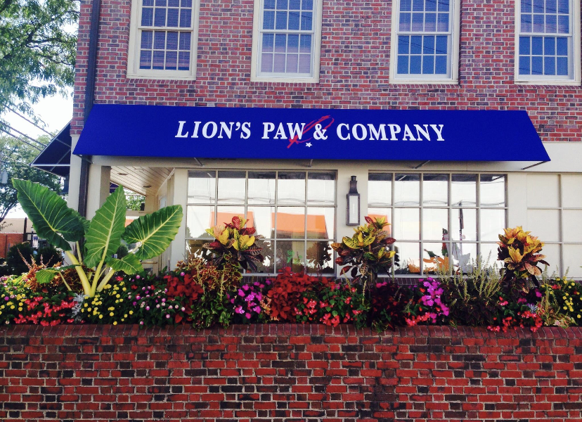 Storefront with blue awning reading “LION’S PAW & COMPANY” above a brick planter of flowers and tropical plants