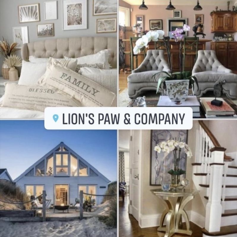 Collage of elegant beige home interiors and a modern gray house exterior with “LION’S PAW & COMPANY” label